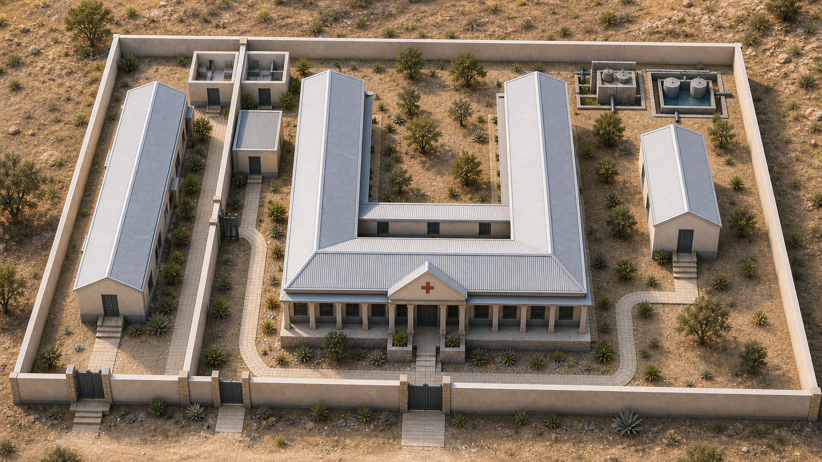 Isometric massing model of the Adi Nfas Health Center compound — main center, staff housing, and service buildings within the perimeter wall.