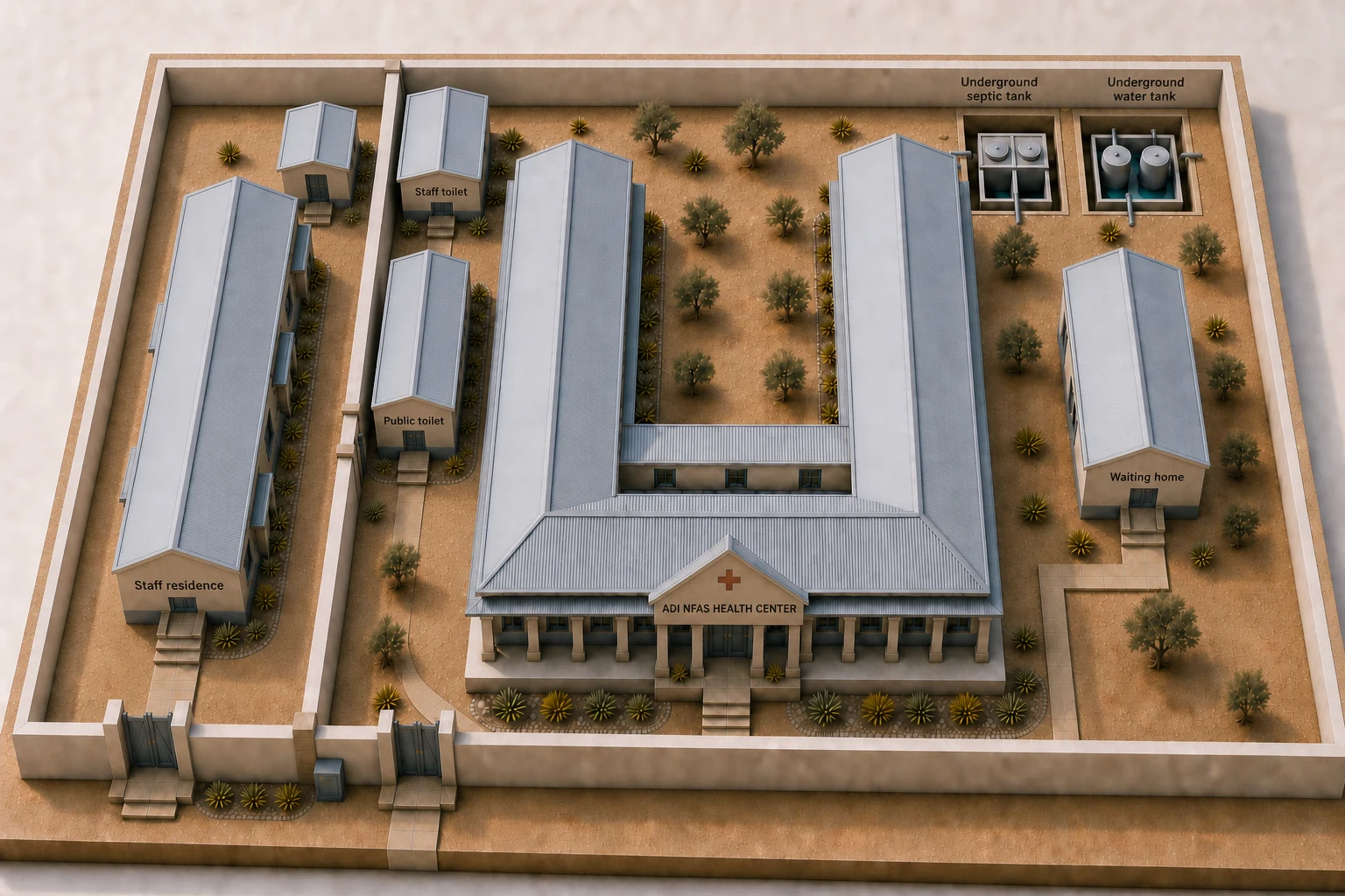 Reference visualization of the planned Adi Nfas Health Center compound — central clinic, staff residence, public and staff sanitation buildings, waiting home, and underground septic and water systems within the perimeter wall.