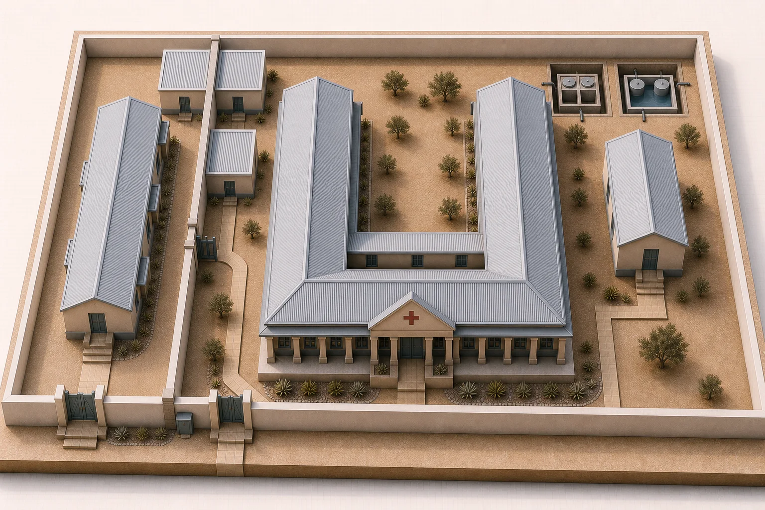 Reference visualization of the planned Adi Nfas Health Center compound — central clinic block with a red cross, completed roofs, staff and service buildings, and below-grade septic and water-reservoir cutaways within the perimeter wall.